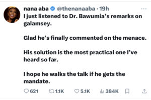 A screenshot of the post made by Nana Aba Anamoah on her twitter wall